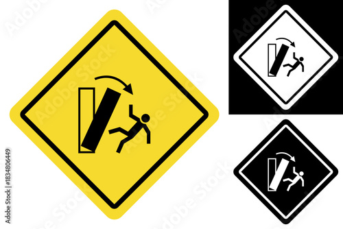Warning sign illustrating a crush hazard from a falling object, a crucial safety symbol for workplaces and construction sites to prevent injuries and promote caution