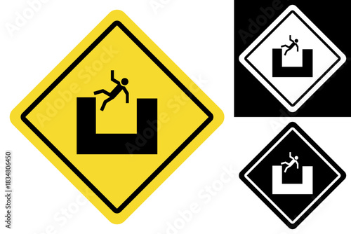 Hazard warning sign depicting a human figure falling into an open pit, symbolizing immediate danger and the risk of accidents or injury