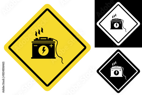 Automotive battery hazard warning sign, depicting an overheating vehicle power cell with smoke and electrical discharge symbol, indicating potential danger and system malfunction