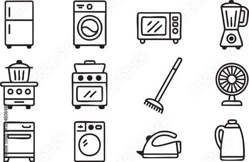 Household appliance icons set, including refrigerator, washing machine, microwave, blender, stove, oven, iron, and fan for kitchen and home use