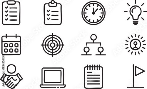 Collection of black outlined business and planning icons on a white background including a calendar, clock, laptop, and handshake