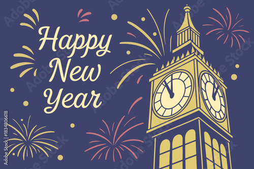 Luxury Happy New Year text with fireworks blue sky and big midnight clock