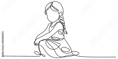 Continuous line drawing of a thoughtful young girl with braided hair in a crouching pose, minimalist art reflecting innocence, simplicity, and childhood. Vector, illustration