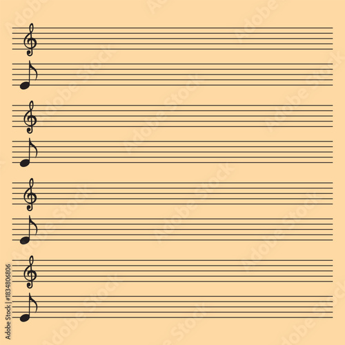 Blank music sheet with decorative notes. Clean sheet music template featuring multiple staves and decorative musical symbols, ideal for composing, teaching, and music theory practice.

