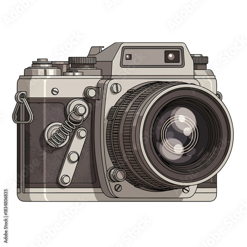 Illustration of a vintage camera with intricate details, lens, and mechanical components.