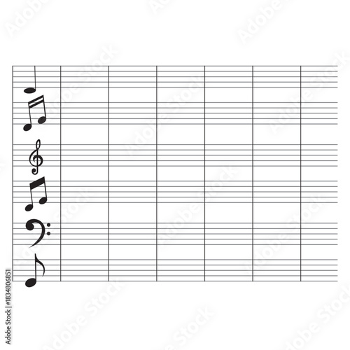 Blank music sheet with decorative notes. Clean sheet music template featuring multiple staves and decorative musical symbols, ideal for composing, teaching, and music theory practice.

