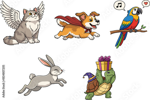 Fantasy cartoon animals with wings, capes, gifts, and magical props