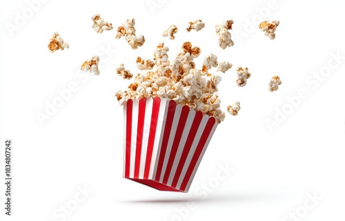 Exploding popcorn in a classic red and white striped bucket