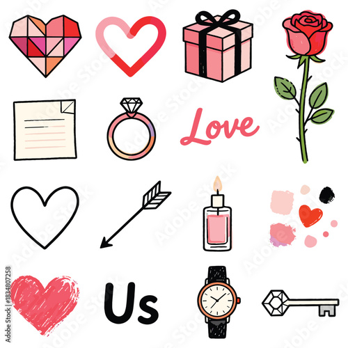 Valentine's Day A Collection of Love-themed Icons and Heartfelt Graphic Elements