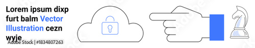Cloud security, strategic planning, data protection, decision-making, technology trends, and cybersecurity . Cloud with padlock, pointing hand and chess knight. Cloud security and strategic planning