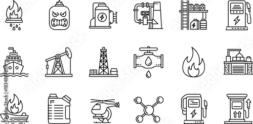 Oil and Gas Production and Energy Industry Black Line Icons Set: Fuel, Refinery, Exploration, Transportation, Power Plant, and Ecology Collection.