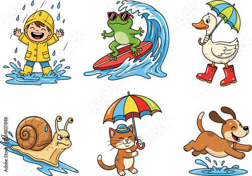 Playful cartoon animals and child enjoying water – rain, puddles, surfing, umbrellas