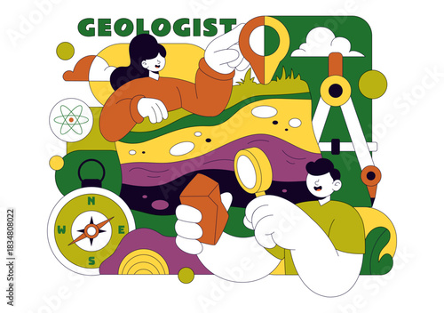 Geologist Illustration Featuring Soil Analysis and Earth Surface Features For Scientific Research, Exploration, or Expedition In a Background
