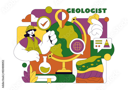 Geologist Illustration Featuring Soil Analysis and Earth Surface Features For Scientific Research, Exploration, or Expedition In a Background