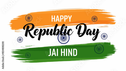 Happy Republic Day illustration with Indian flag colors and Ashoka Chakra.