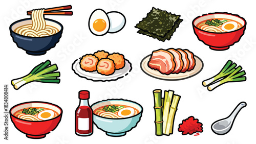 A diverse collection of Japanese ramen ingredients and prepared soup bowls. This vector icon set includes noodles, pork, egg, and seaweed