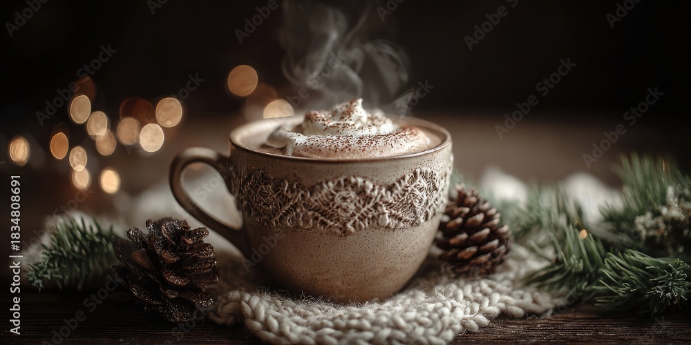 Fototapeta premium Cozy christmas hot chocolate drink in a mug festive setting with pinecones warm atmosphere captured from a close-up view embracing holiday cheer