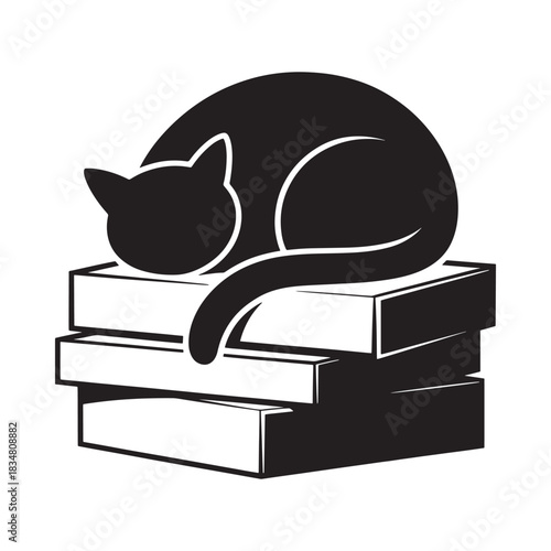 Black cat sleeping peacefully on stack of books