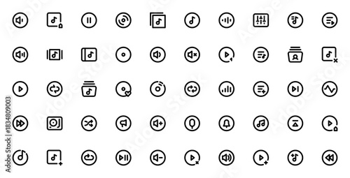 Music icon set. Vector illustration. Minimalist musi icons pack. Includes symbls for volume, play, pause playlist, album, shuffle,repeat, favorite, speaker,microphone and more.