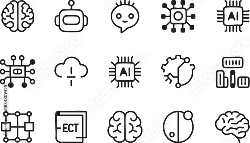 Black outlined symbols for artificial intelligence and other futuristic technology are drawn across a white surface