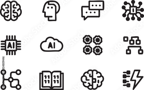 Collection of bold AI icons symbolize artificial intelligence and data processing clearly visible against the background