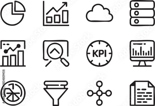 Business intelligence and data analytics using black linear icons is shown on transparent background