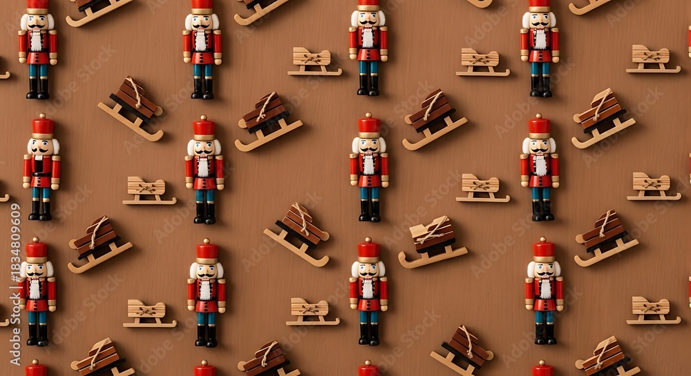Fototapeta premium Christmas nutcrackers and sleighs on brown background