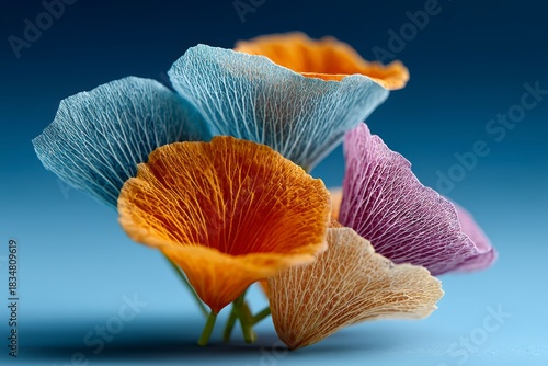 Delicate papery flower petals in vibrant orange blue purple and tan hues clustered on a soft blue background