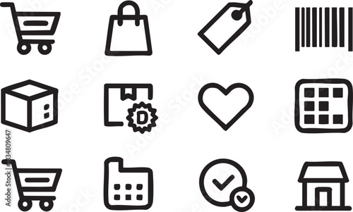 E commerce essentials A collection of icons depicting shopping, delivery and related business concepts
