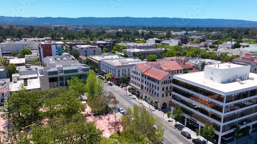 Cardinal Hotel aerial view at 235 Hamilton Avenue in historic city center of Palo Alto, California CA, USA. 