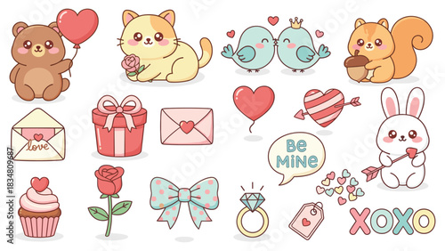 Sweet Kawaii Valentine's Day Collection Adorable Animal Characters, Romantic Symbols, and Cute Love Gifts for Festive Affectionate Designs