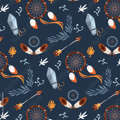 Seamless colorful pattern with fish birds and feathers