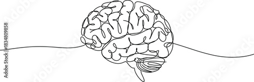 Continuous Line Art Drawing of a Detailed Human Brain, Minimalist Vector Sketch, Ideal for Concepts of Science, Neurology, Education, Psychology, or Mental Health Logo