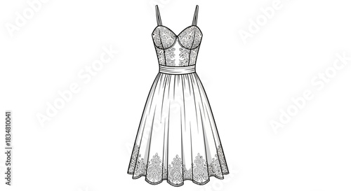 Elaborate drawing of an elegant lace dress with spaghetti straps and a full skirt