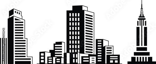Minimalist Black and White Vector Silhouette Icons of a Modern City Skyline Featuring Skyscrapers and Famous Architectural Landmarks for Urban Travel and Business Design