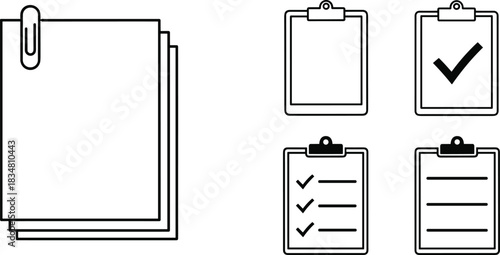 Document, Paperwork, and Business Checklist Line Icons Set Featuring Clipboard, Paper Stack, Checkmark, Task Management, and Official Report Concepts.