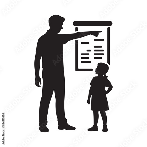 Teacher points to lesson on board with student watching