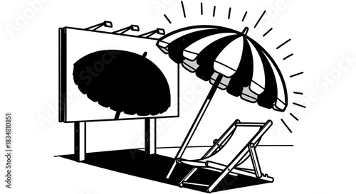 Monochrome illustration contrasts a real beach umbrella and lounge chair with a prominent billboard promoting an idyllic summer vacation.