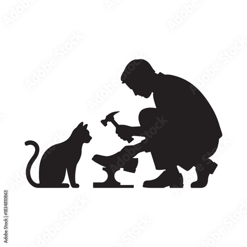 Blacksmith silhouette working with a curious cat nearby