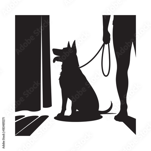 Silhouette of a dog sitting patiently on a leash