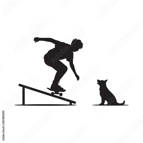 Skateboarder performs trick while dog watches