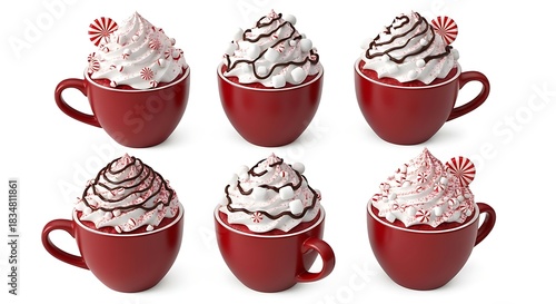 Cups of whipped cream and sprinkles on white background