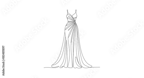 Elegant long evening dress, illustrated with a single continuous line drawing with refined details