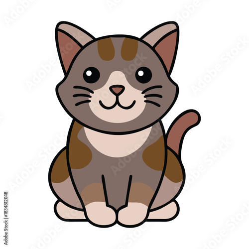 Cute cartoon drawing of a tabby kitten sitting isolated on white background