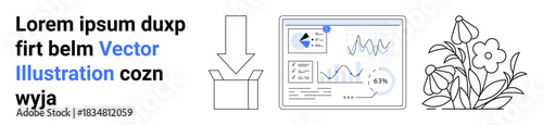 Data management, business analysis, packaging, technology, growth reporting, nature concepts. A graphic with charts, a box symbol and flowers. Data analysis and packaging illustration concept