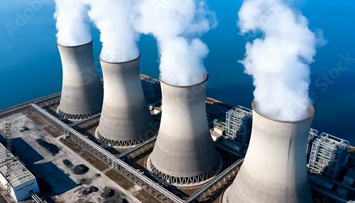 Wallpaper Mural Aerial view of power station cooling towers emitting steam into blue sky with clear water power plant, vapor. Torontodigital.ca
