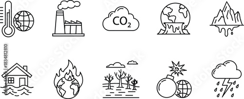 Global Climate Change and Environmental Disaster Line Icons Set Featuring Factory Emissions, CO2 Cloud, Flooded House, Melting Ice, and Earth on Fire Concepts.