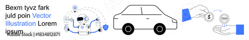 Car sharing, online payments, ride-sharing, vehicle rentals, automotive transactions, mobility solutions. Visual of a car, digital interface and hands exchanging keys. Car sharing and online