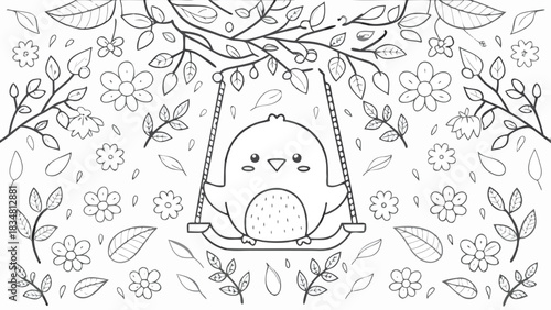 Cute cartoon bird swinging on a branch surrounded by flowers and leaves in a simple line drawing style
