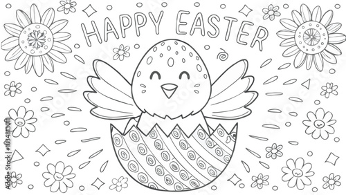 Cute cartoon chick hatching from a decorated egg surrounded by flowers and happy easter text for coloring